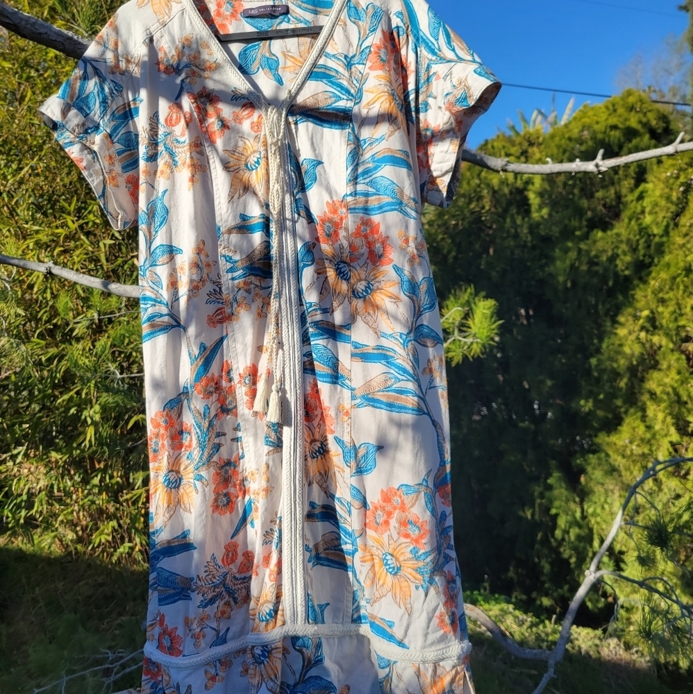 Mark & Spencer Linen Blend Macrame Detail Floral Print Dress Sz 40 or 8 in Ivory